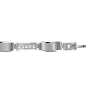 Bracelet en acier alternance de maillons arrondis lisses et maillons rectangulaires ornés d\'oxydes blancs - longueur 21cm - Vue 1