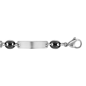 Bracelet en acier alternance de maillons grains de café en céramique noire et de plaques rectangulaires satinées - longueur 19cm - Vue 1