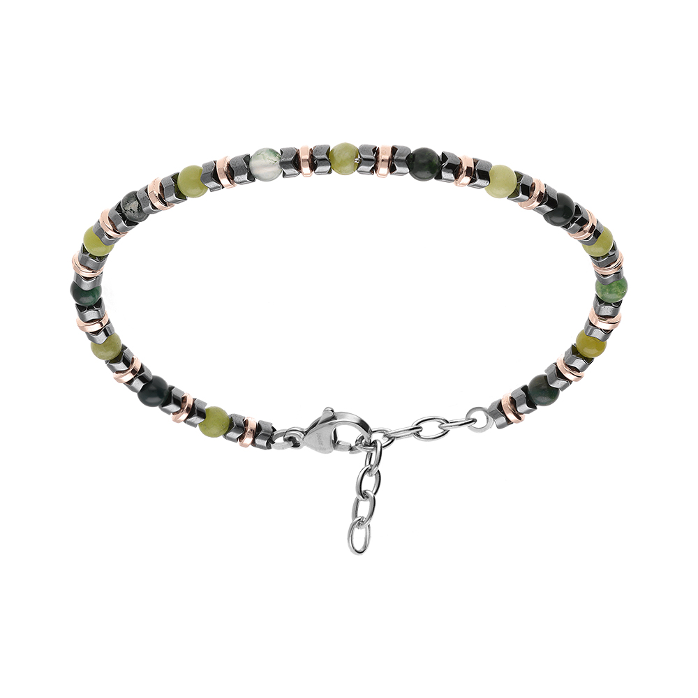 Bracelet en acier avec agates vertes et  rondelles h�matites noires et PVD rose - 18.5+3cm - Vue 1