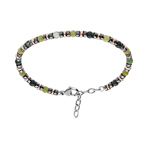 Bracelet en acier avec agates vertes et  rondelles hmatites noires et PVD rose - 18.5+3cm