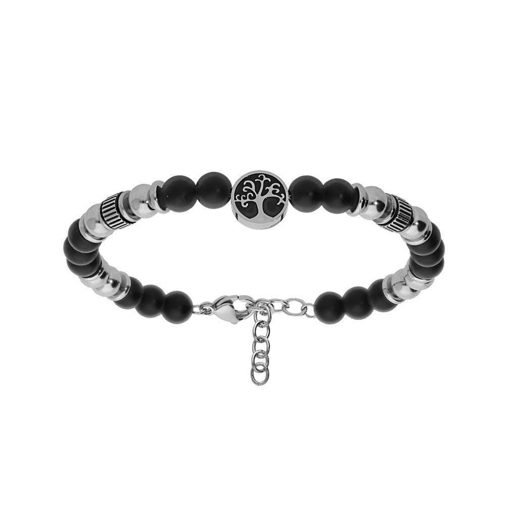 Bracelet en acier avec boules en Onyx mat et pastille motif arbre de vie 18+3cm - Vue 1