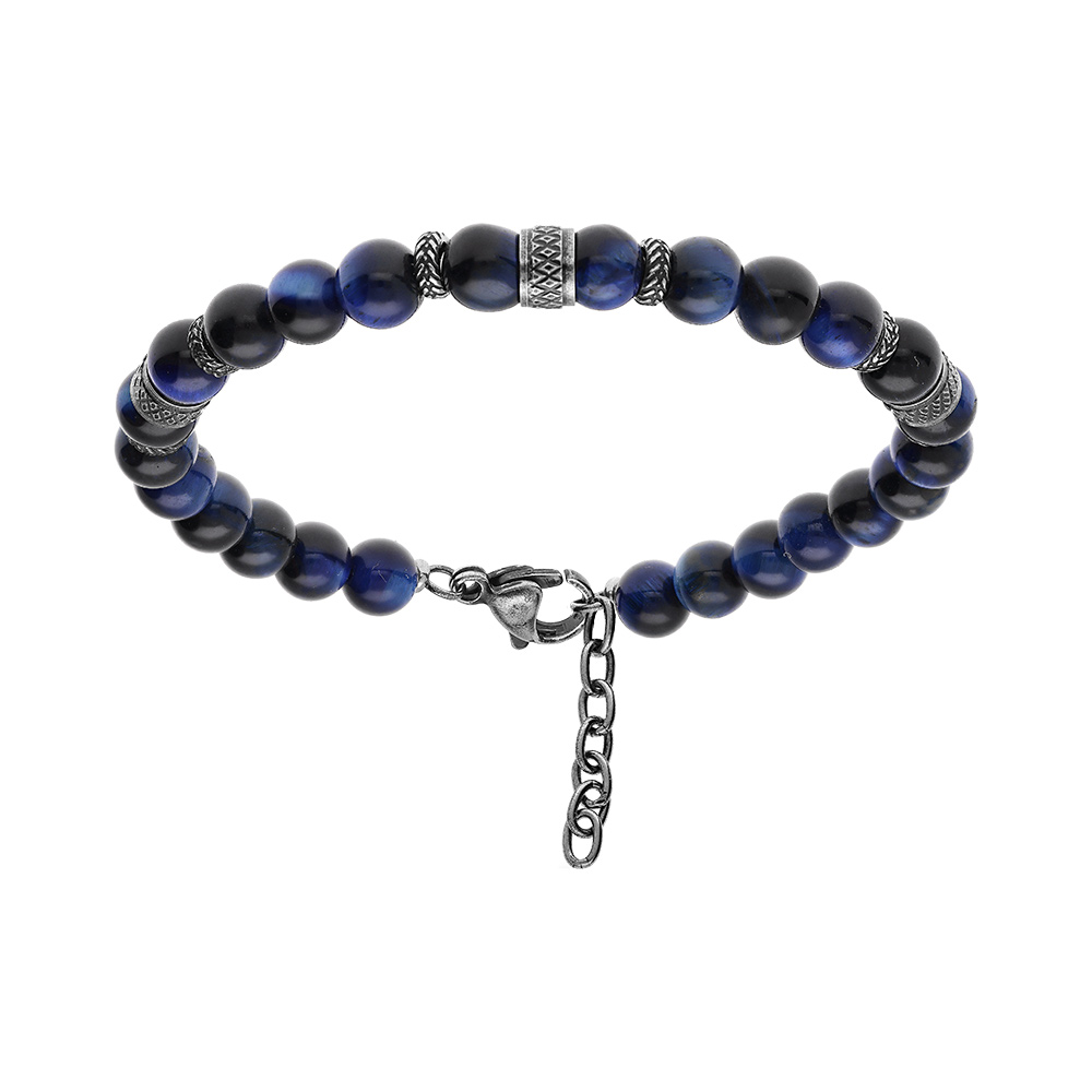 Bracelet en acier avec boules Oeil de Tigre teint� bleu v�ritable 19+3cm - Vue 1