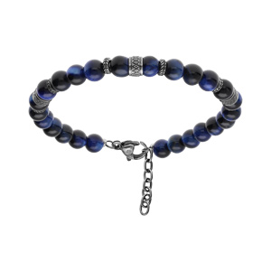 Bracelet en acier avec boules Oeil de Tigre teint bleu vritable 19+3cm - Vue 1