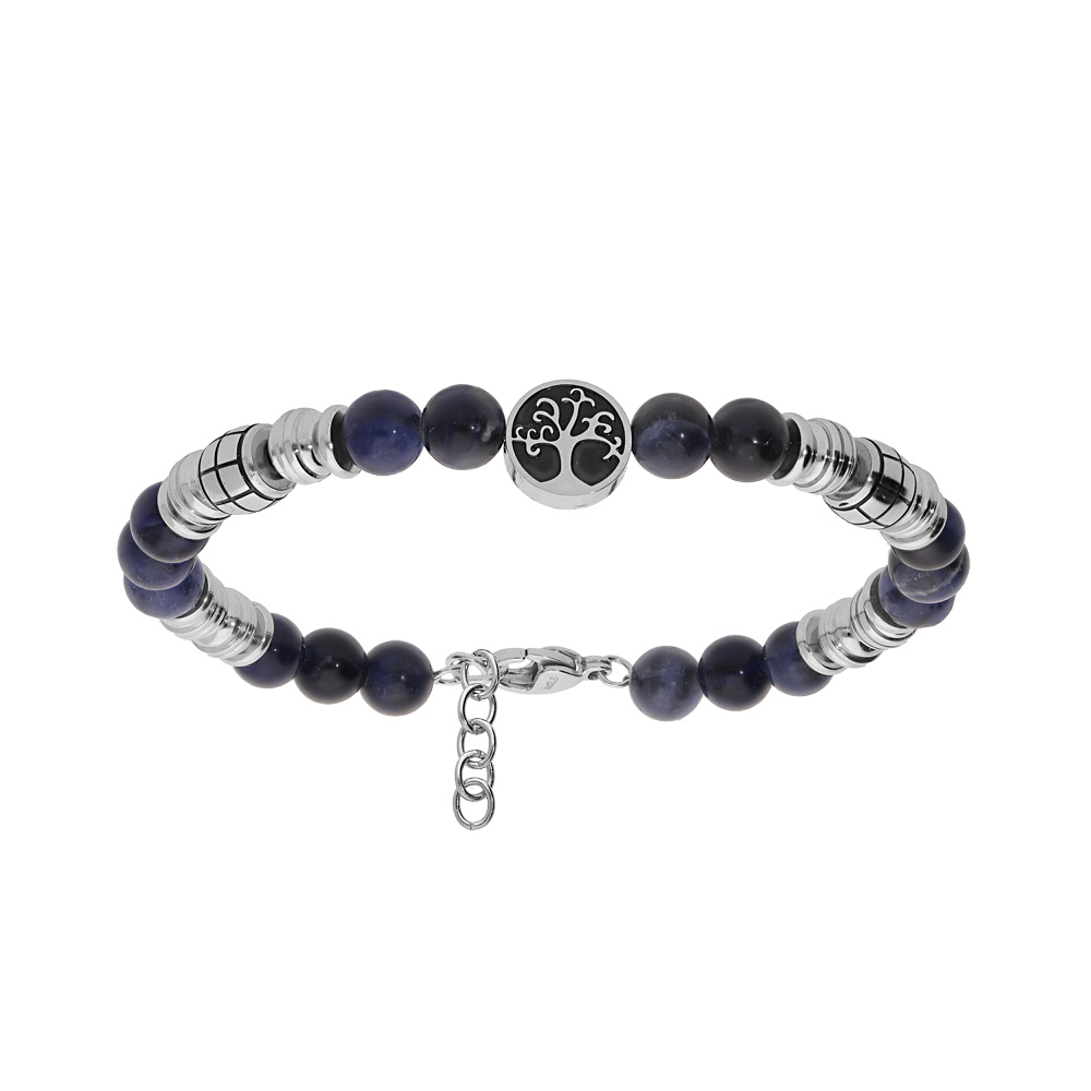 Bracelet en acier avec boules Sodalite v�ritable et pastille motif arbre de vie 18+3cm - Vue 1