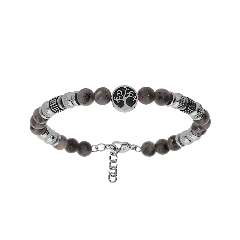 Bracelet en acier avec boules Specrolite v�ritable et pastille motif arbre de vie 18+3cm - Vue 1