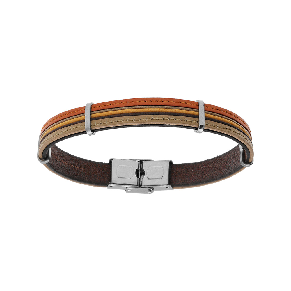 Bracelet en acier avec cordon et cuir bovin orang� et marron 20cm r�glable - Vue 1