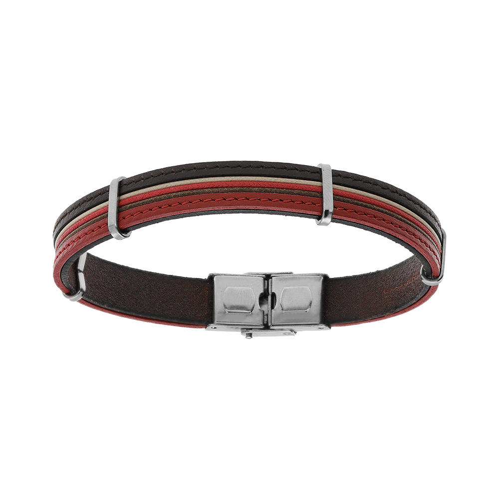 Bracelet en acier avec cordon et cuir bovin rouge et marron 20cm r�glable - Vue 1
