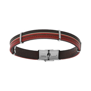 Bracelet en acier avec cordon et cuir bovin rouge et marron 20cm rglable - Vue 1