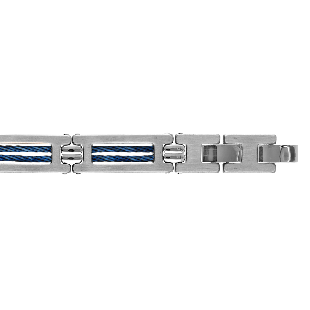 Bracelet en acier avec double c�ble bleu 19,5cm+1 r�glable double fermoir - Vue 1