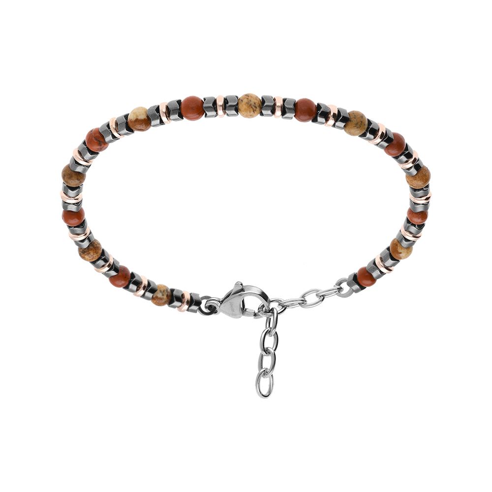 Bracelet en acier avec jaspe rouge et rondelles d\'h�matites noireset  PVD rose - 18.5+3cm - Vue 1