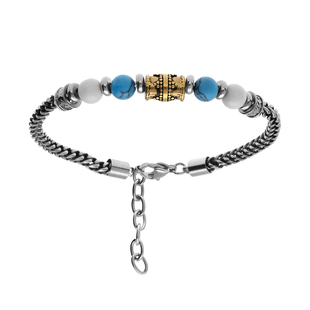 Bracelet en acier avec perles blanches et bleues avect tube finement d�cor� 19+3cm - Vue 1