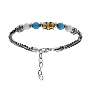 Bracelet en acier avec perles blanches et bleues avect tube finement dcor 19+3cm - Vue 1