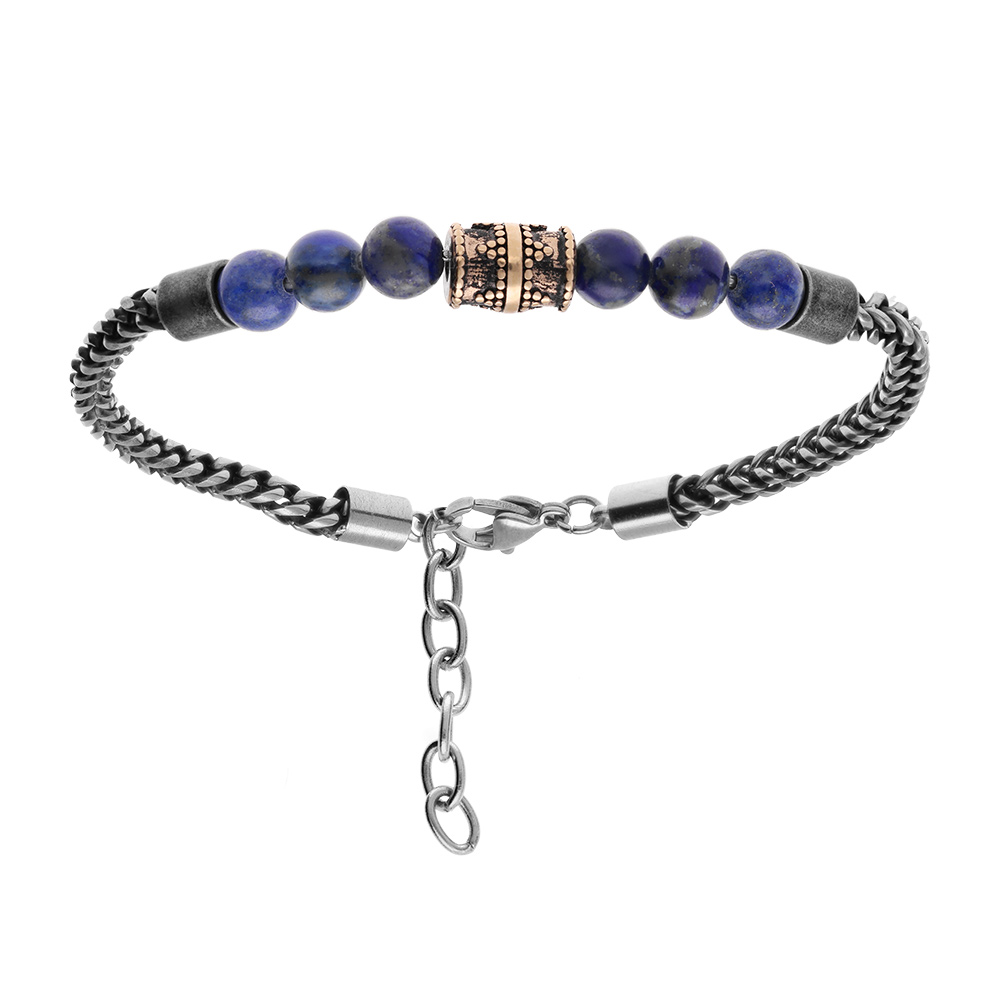 Bracelet en acier avec perles bleues et tube finement d�cor� 19+3cm - Vue 1