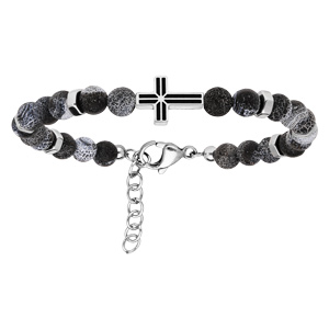 Bracelet en acier avec perles d\'Agate grise avec Croix sur le dessus 19+2cm - Vue 1