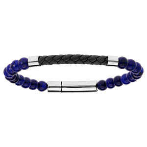 Bracelet en acier avec perles en Lapis Lazulis et cuir noir tress 20,5cm - Vue 1