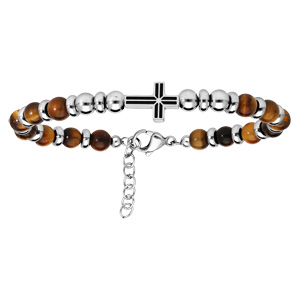 Bracelet en acier avec perles en Oeil de tigre marron et Croix sur le dessus 19+2cm - Vue 1