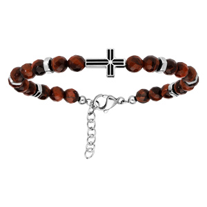Bracelet en acier avec perles imitation Oeil de tigre grenat et Croix sur le dessus 19+2cm