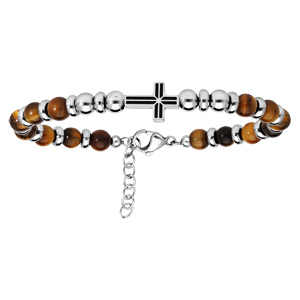 Bracelet en acier avec perles imitation Oeil de tigre marron et Croix sur le dessus 19+2cm