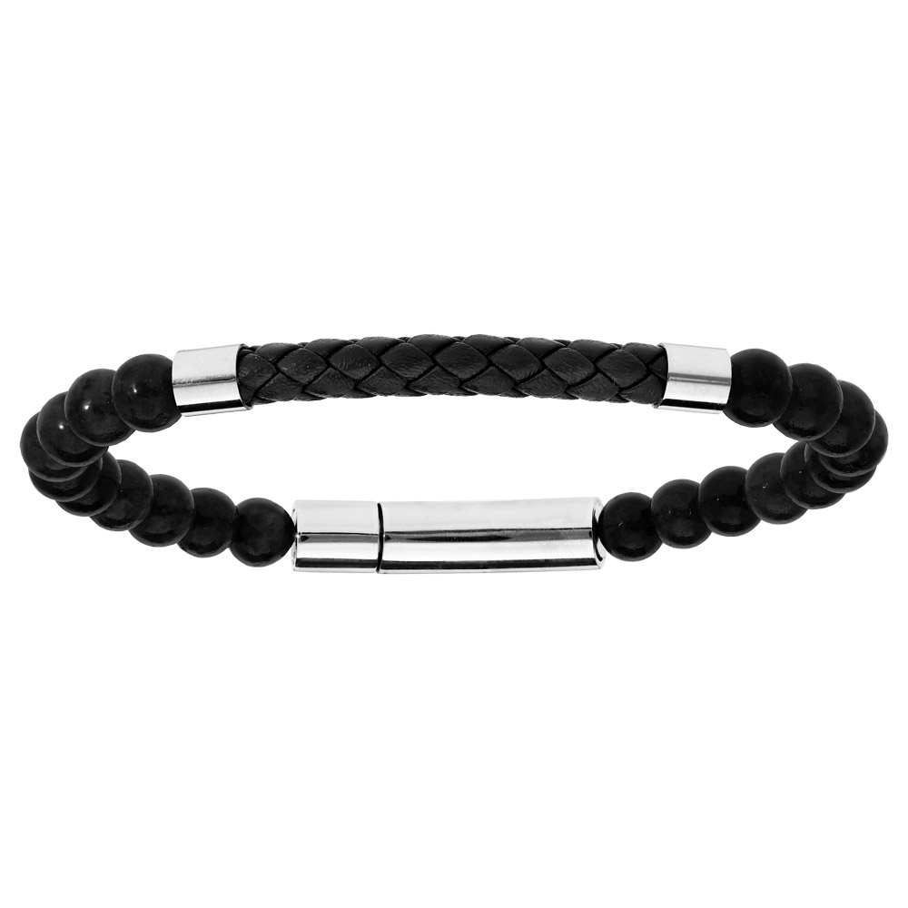 Bracelet en acier avec perles noir et cuir noir tress� 20,5cm - Vue 1