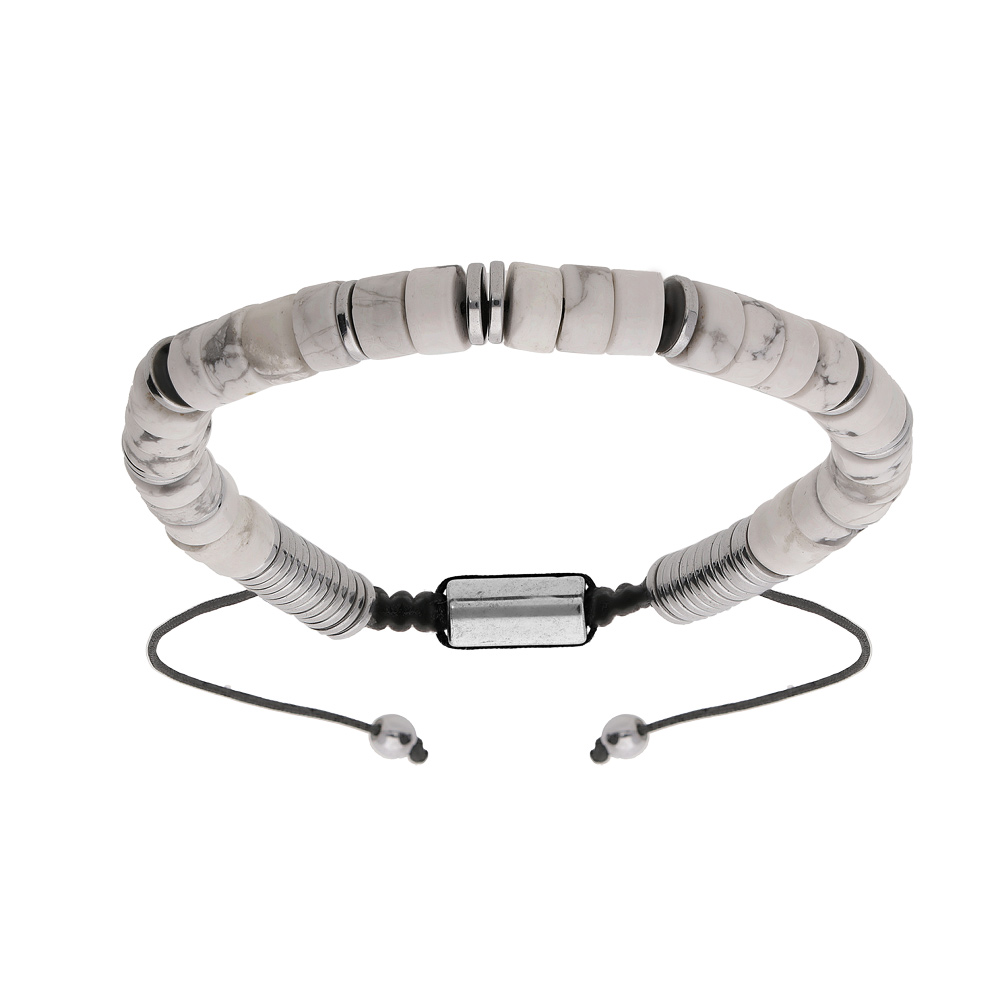 Bracelet en acier avec pierres Howlite v�ritable mont�es sur cordon noir coulissant - Vue 1