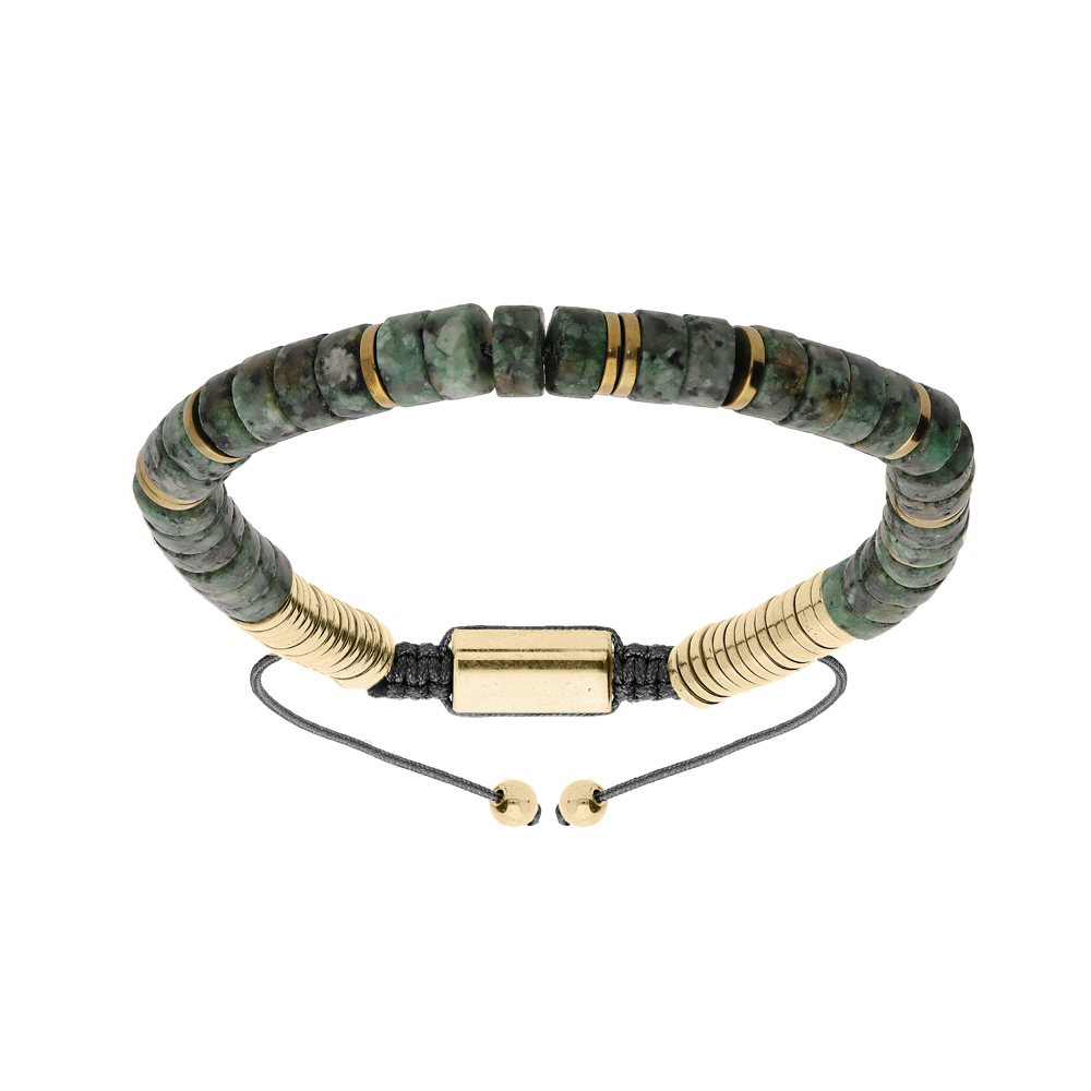 Bracelet en acier avec pierres Jaspe vert v�ritable mont�es sur cordon noir coulissant - Vue 1