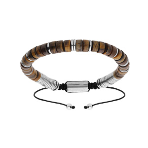 Bracelet en acier avec pierres Oeil de Tigre marron véritable montées sur cordon noir coulissant - Vue 1