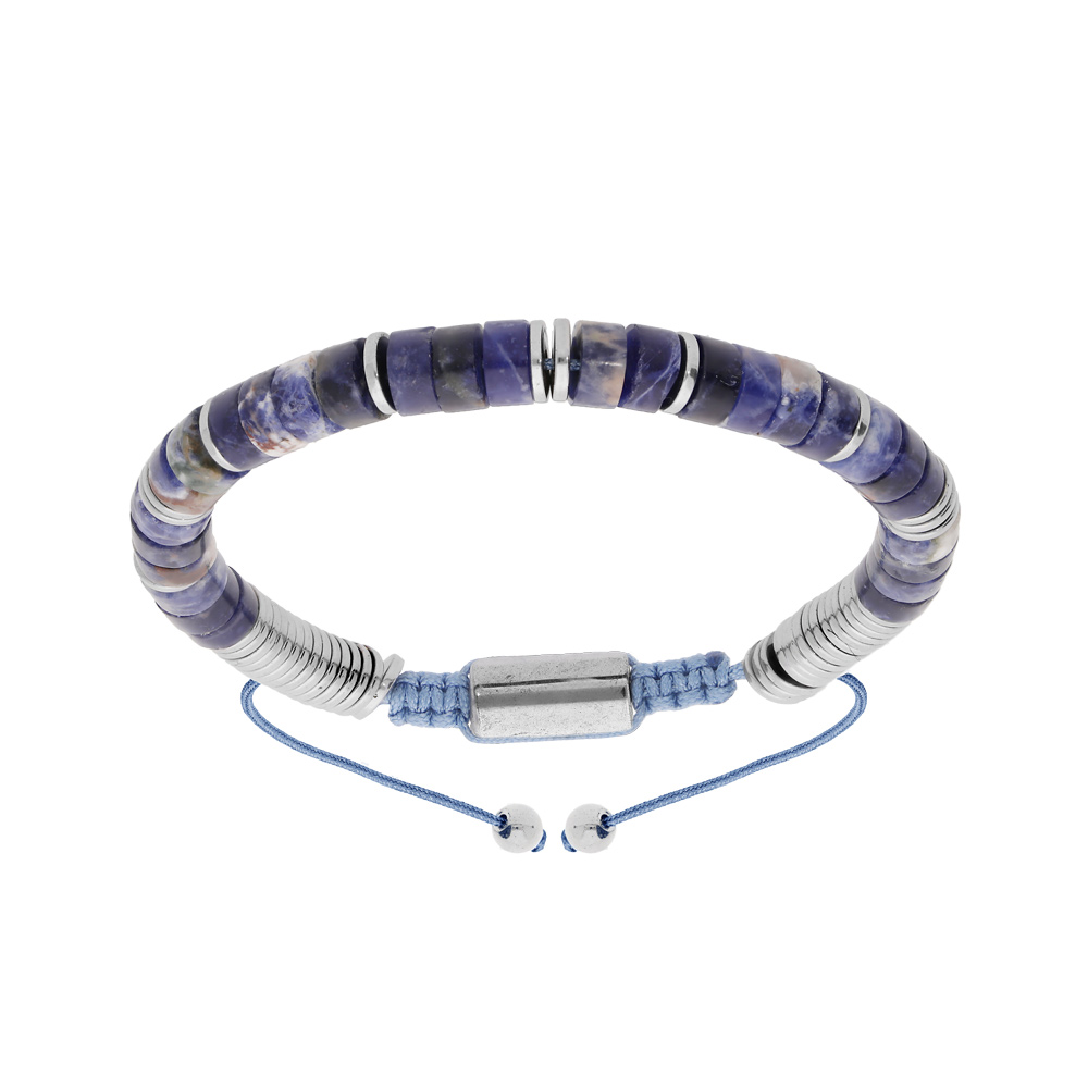 Bracelet en acier avec pierres Sodalite v�ritable mont�es sur cordon bleu coulissant - Vue 1
