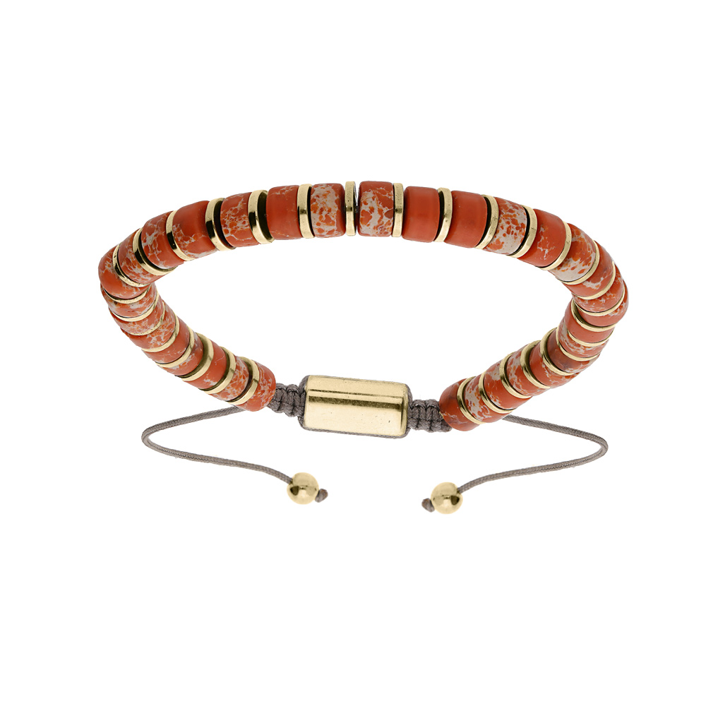 Bracelet en acier avec pierres v�ritables orange mont�es sur cordon gris coulissant - Vue 1