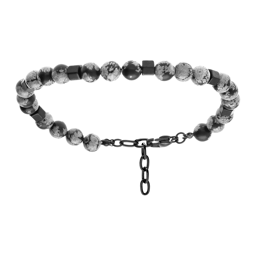 Bracelet en acier boules de 6mm obsidienne neige - 19+3cm - Vue 1