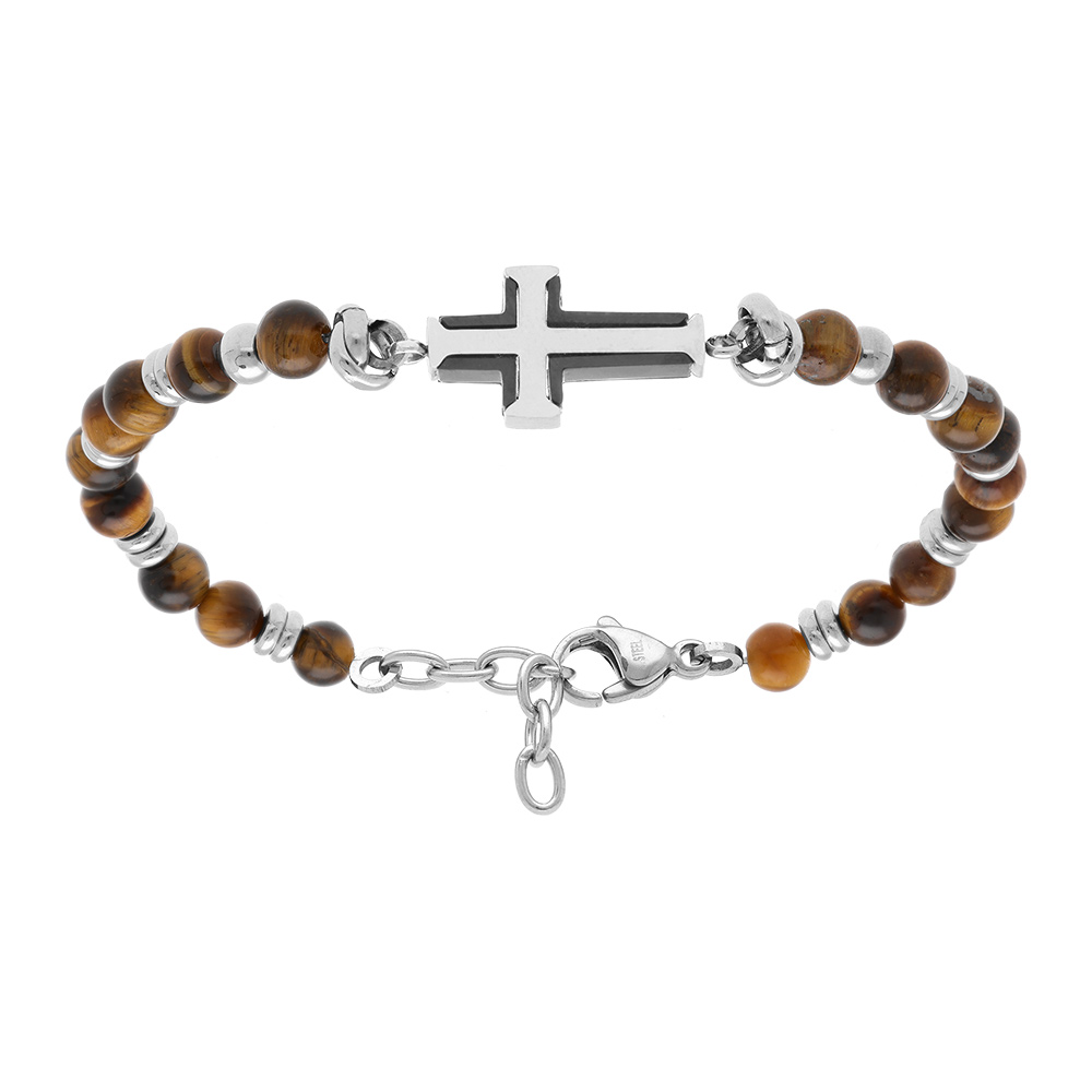 Bracelet en acier boules marron avec croix 20mm en PVD noir - 19+2cm - Vue 1