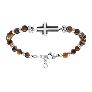 Bracelet en acier boules marron avec croix 20mm en PVD noir - 19+2cm