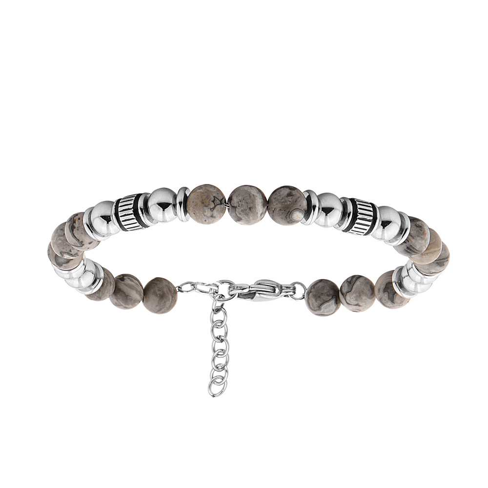 Bracelet en acier boules motifs et boules en Jaspe gris v�ritable longueur 19+3cm - Vue 1