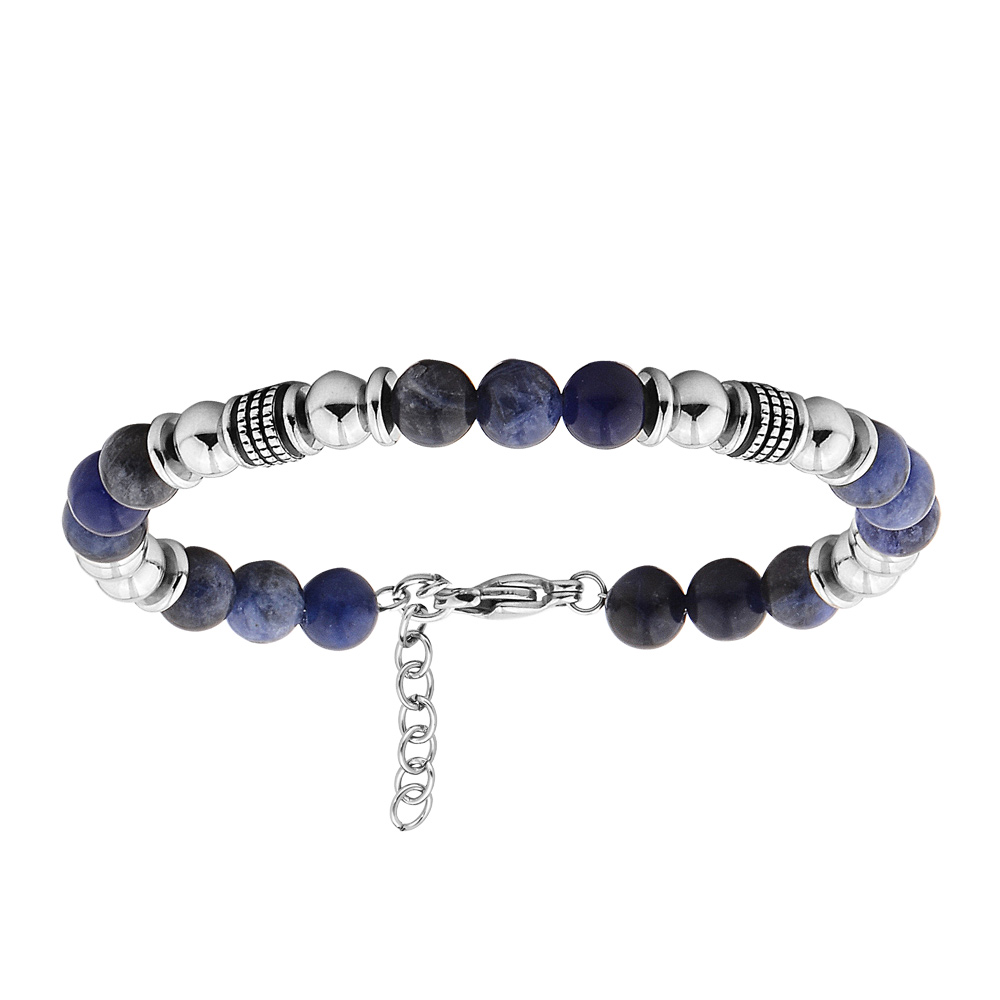 Bracelet en acier boules motifs et boules en Sodalite v�ritable 19+3cm - Vue 1