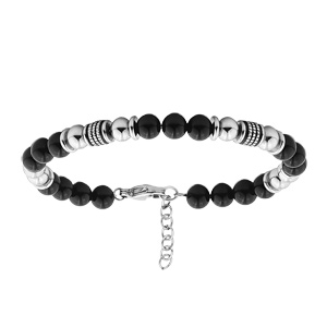 Bracelet en acier boules motifs et boules Oeil de tigre noir vritable longueur 19+3cm - Vue 1