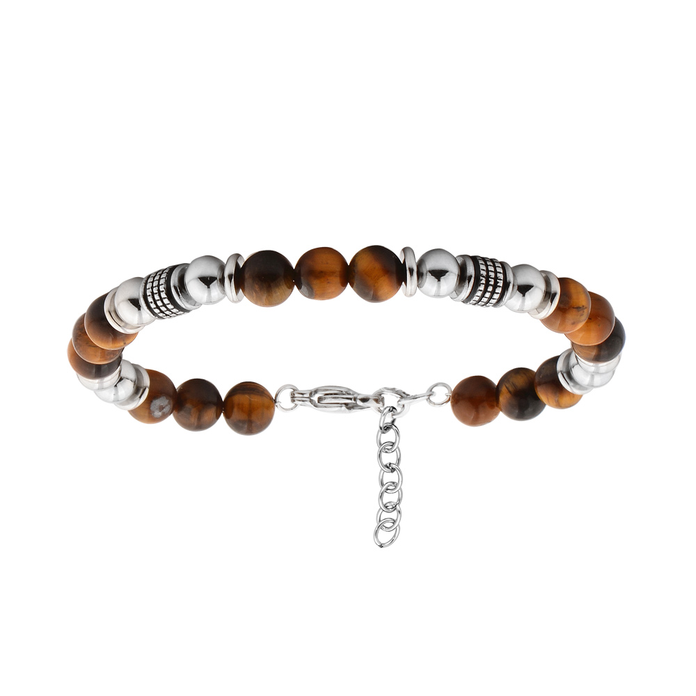 Bracelet en acier boules motifs et boules Oeil de tigre v�ritable longueur 19+3cm - Vue 1