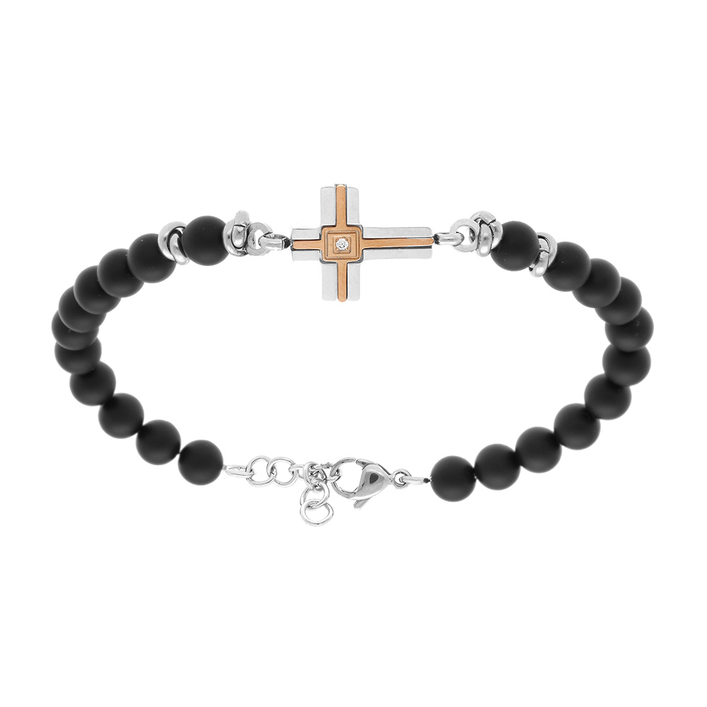 Bracelet en acier boules noires avec croix 20mmorn� d\'un oxyde blanc serti -19+2cm - Vue 1