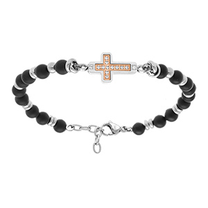 Bracelet en acier boules noires aveccroix 20mm par�e oxydes blancs sertis - 19+2cm