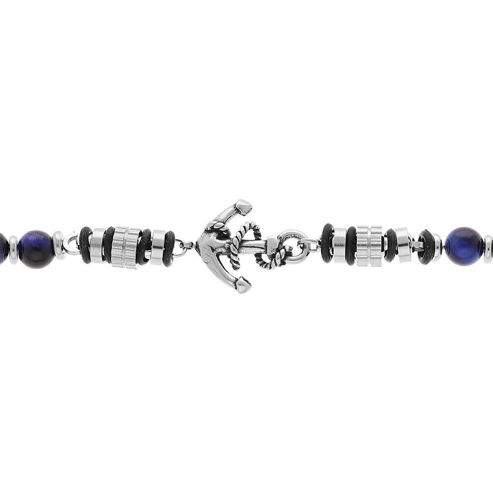 Bracelet en acier boules Oeil de tigre bleu v�ritable avec ancre longueur 19+3cm - Vue 1
