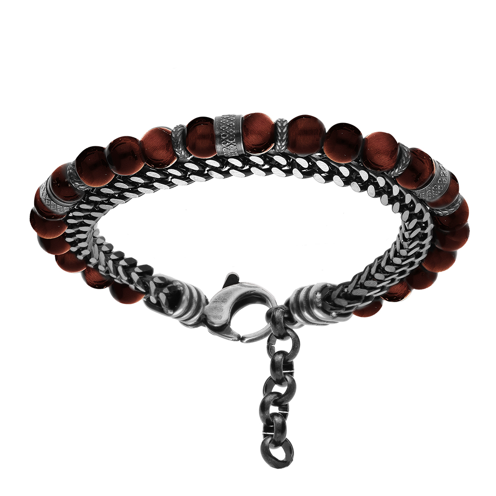 Bracelet en acier boules Oeil de tigre rouge v�ritable et 1 rang chainage longueur 20+3cm - Vue 1