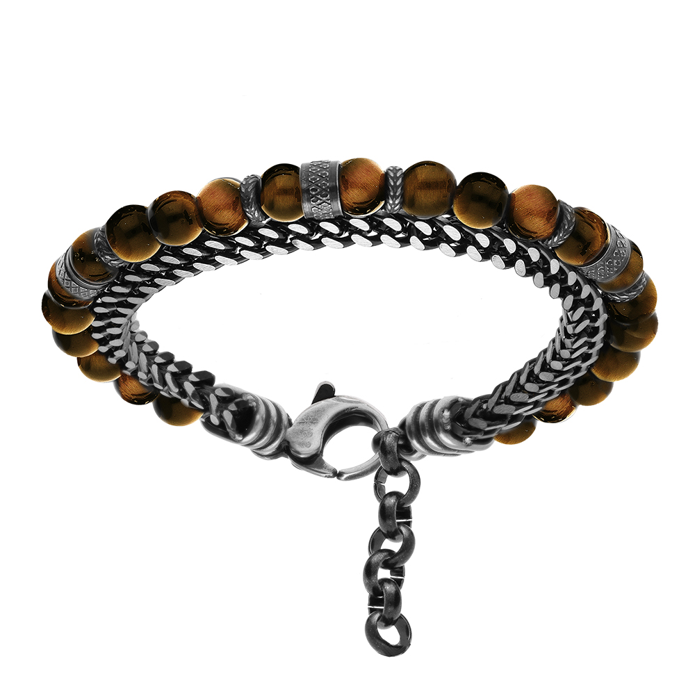 Bracelet en acier boules Oeil de tigre vritable et 1 rang chainage longueur 20+3cm - Vue 1