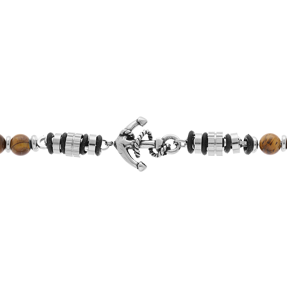 Bracelet en acier boules Oeil de tigre v�ritable marron avec ancre longueur 19+3cm - Vue 1