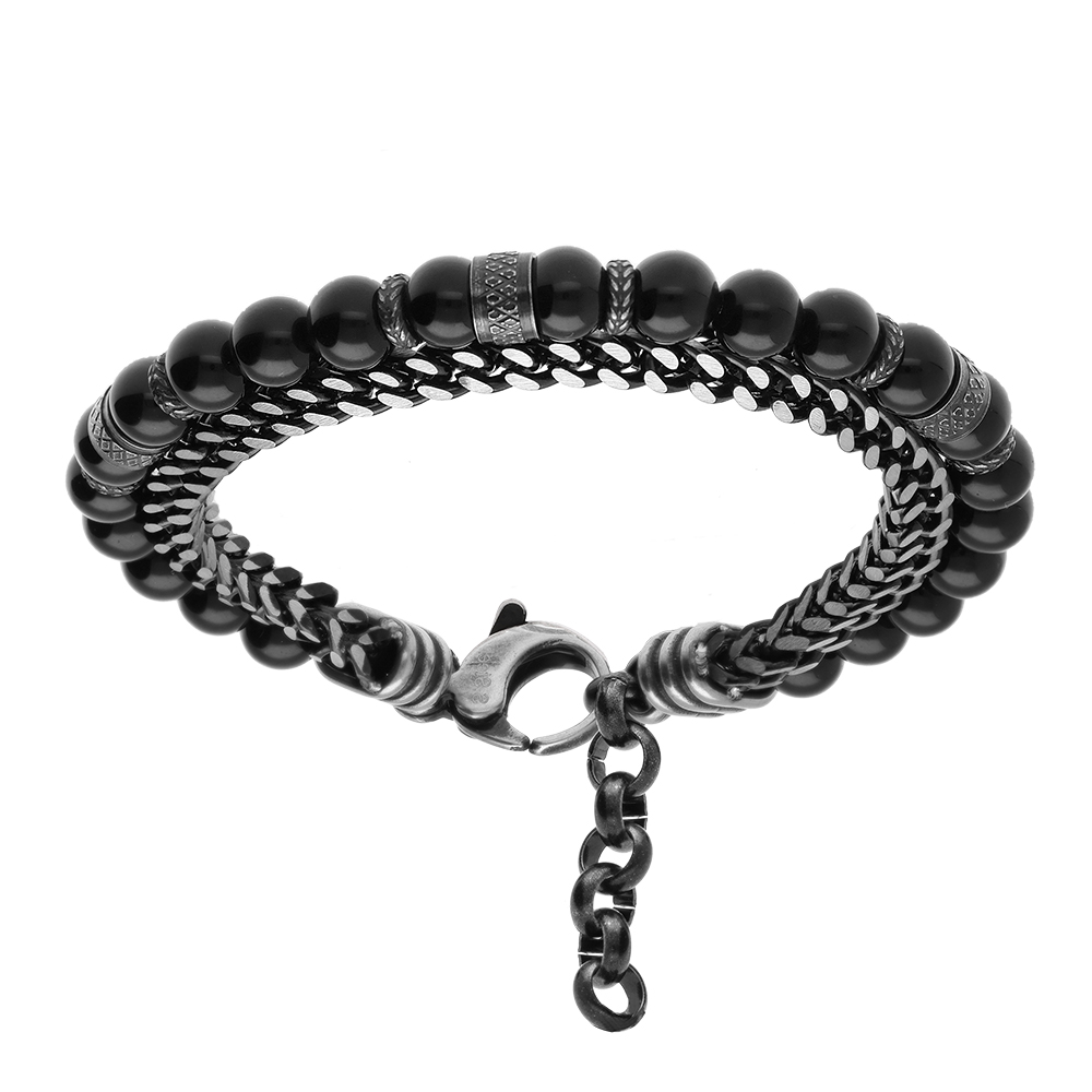 Bracelet en acier boules Onyx v�ritable et 1 rang chainage 20+3cm - Vue 1