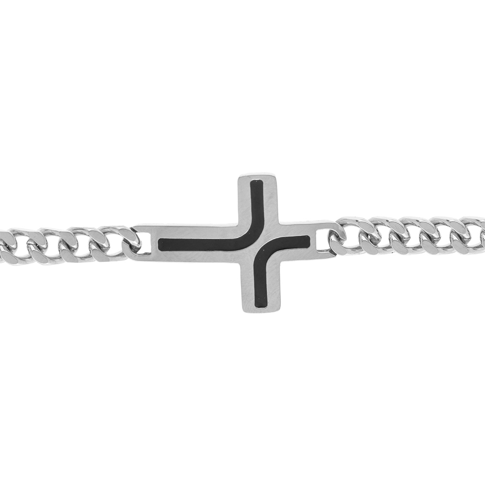 Bracelet en acier brillant  maille gourmette 5mm avec croix rsine noire  - 21cm - Vue 1