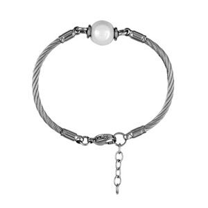 Bracelet en acier câble avec 1 boule en céramique blanche au milieu - longueur 18cm + 2cm de rallonge - Vue 1