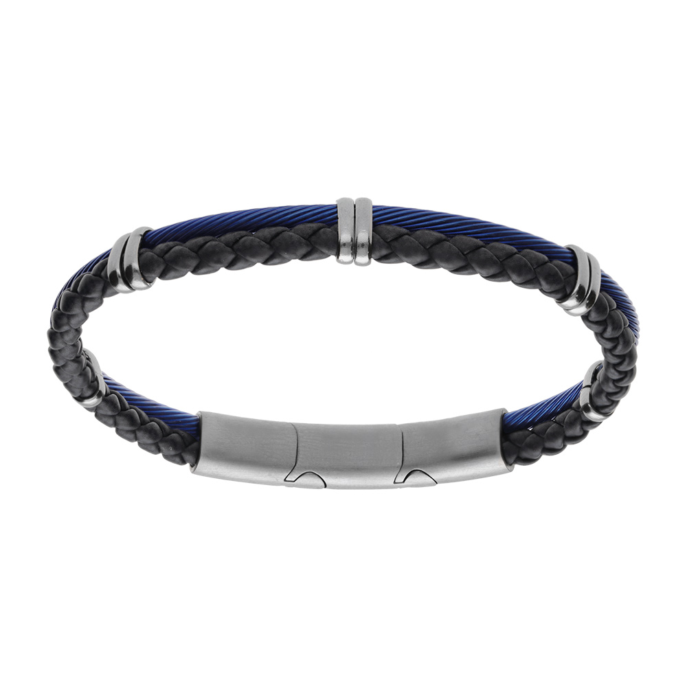 Bracelet en acier c�ble bleu et tresse cuir bovin bleu r�glable double fermoir - Vue 1
