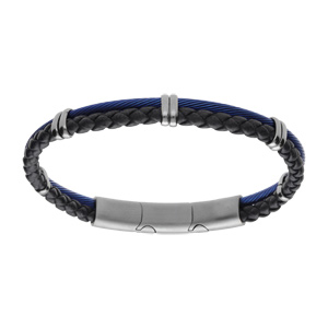 Bracelet en acier cble bleu et tresse cuir bovin bleu rglable double fermoir - Vue 1