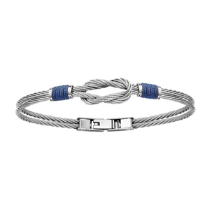 Bracelet en acier 2 cble gris entours  2 endroits de cbles bleus avec noeud plat au milieu - longueur 20cm - Vue 1