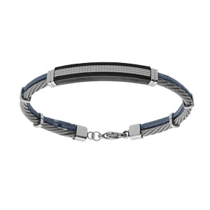 Bracelet en acier cble gris et cordon bleu rglable - Vue 1
