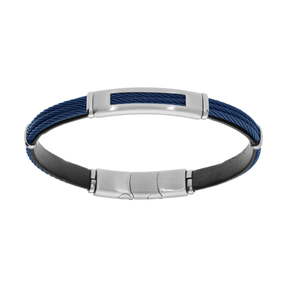 Bracelet en acier 3 c�bles bleus doublure cuir noir longueur 20+1cm double fermoir - Vue 1
