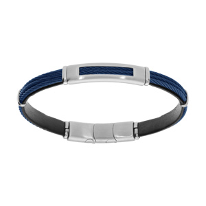 Bracelet en acier 3 cbles bleus doublure cuir noir longueur 20+1cm double fermoir - Vue 1